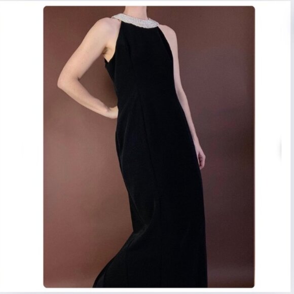 VTG Alex Evenings Black Halter Formal Gown Sz 8 Sheath Maxi Dress Pearl Collar - Picture 3 of 17